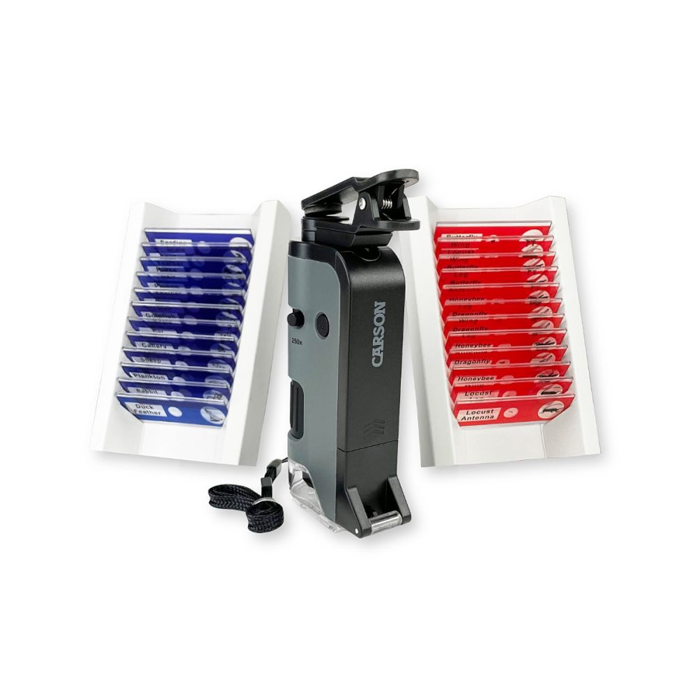 Microscop portabil cu LED si UV, Carson, cu adaptor de smartphone, 24 de lamele pregatite, marire 100-250x, MicroFlip