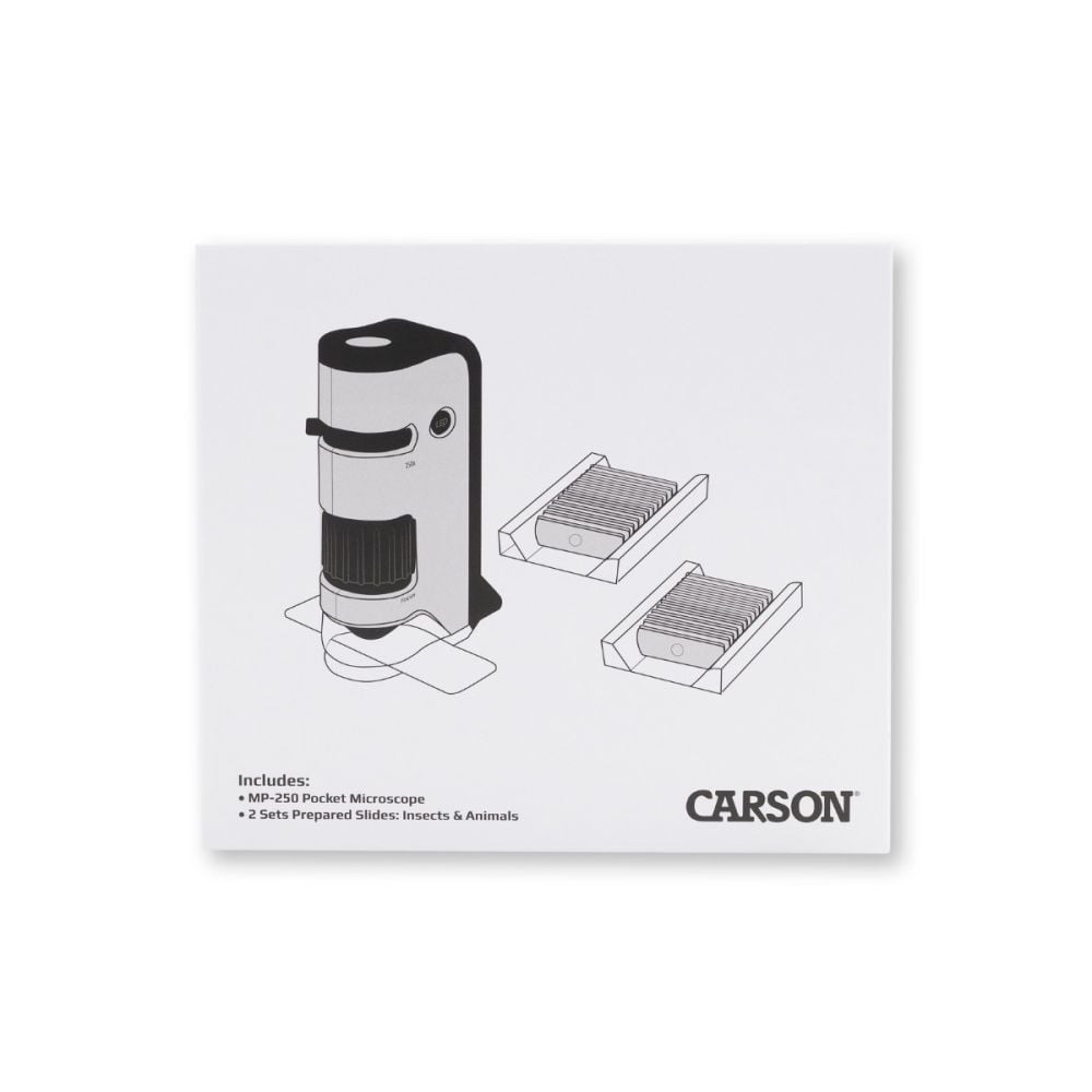 Microscop portabil cu LED si UV, Carson, cu adaptor de smartphone, 24 de lamele pregatite, marire 100-250x, MicroFlip
