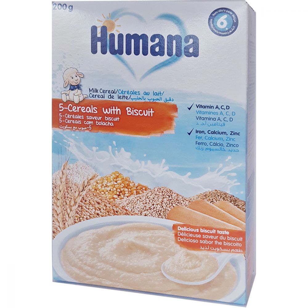 Cereale Humana 5 cereale cu lapte si biscuiti, 200g, 6 luni+