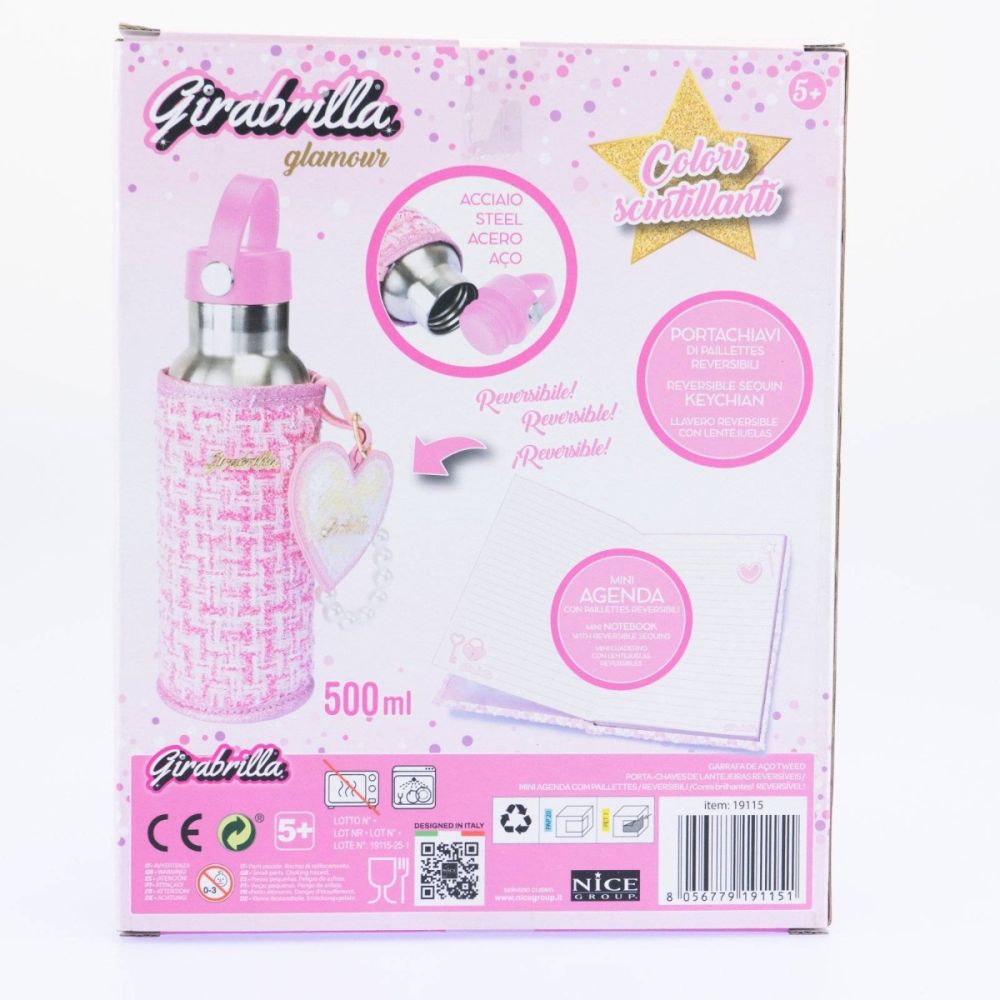 Set sticla de apa, cu husa tweed, breloc fashion si mini-jurnal cu paiete, Nice, Girabrilla