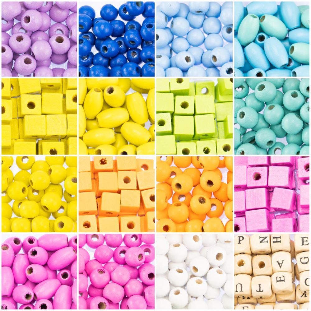 Kit creativ mega DIY, Coliere si bratari cu margele din lemn, Nice, 600 piese +