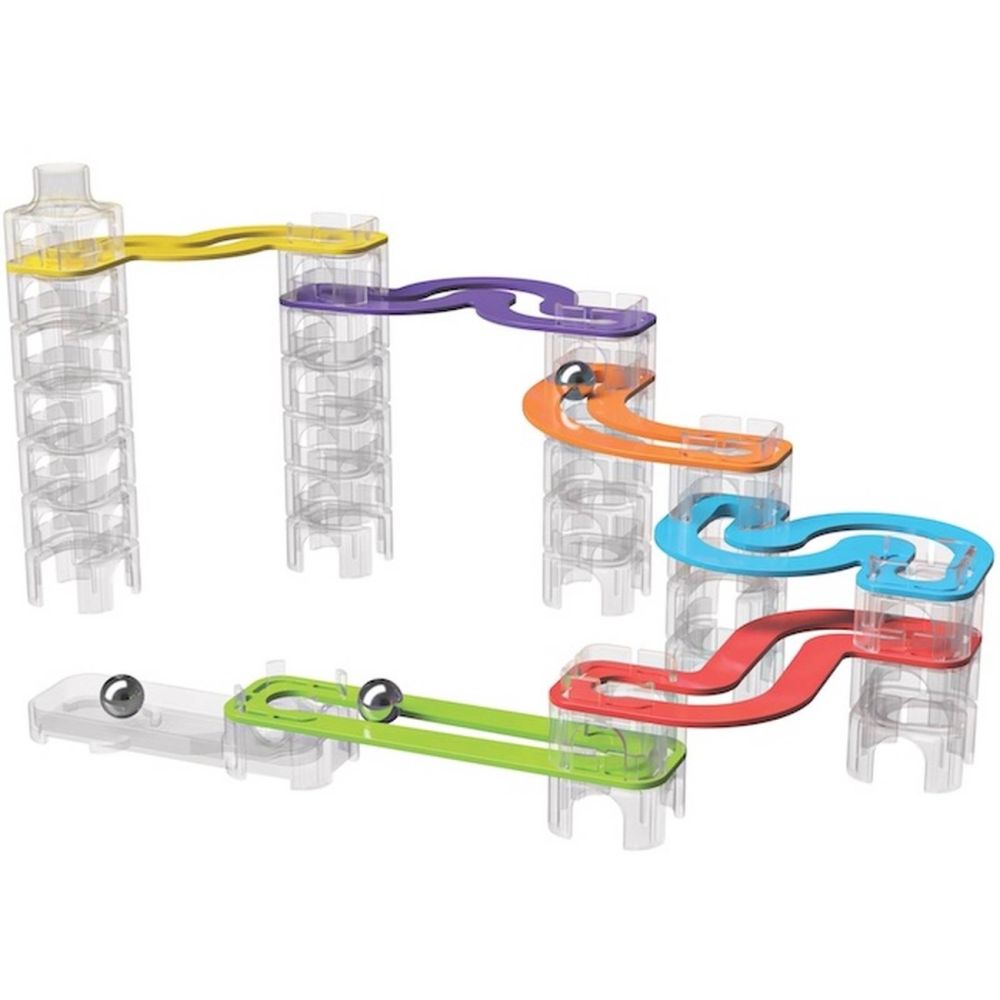 Set Stem de constructie cu traseu pentru bile, Fat Brain Toys, Trestle Tracks Builder, 73 de piese