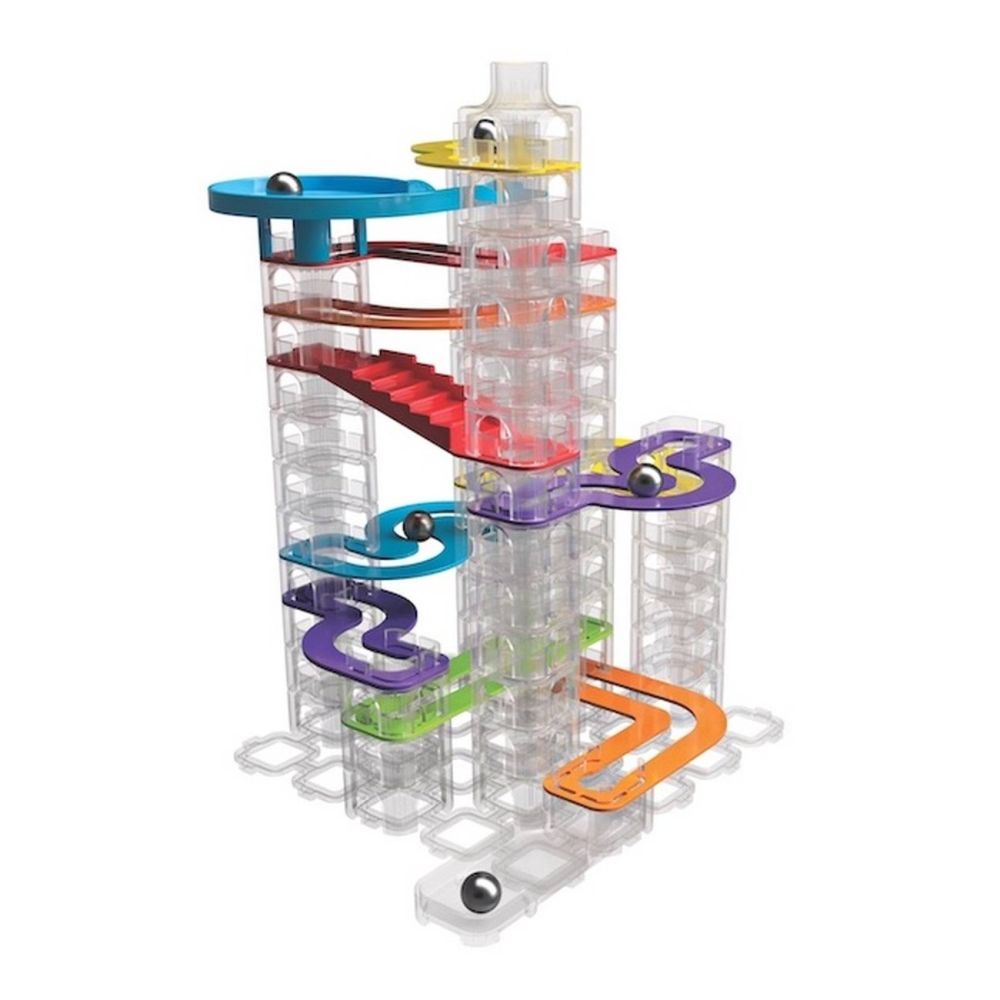 Set Stem de constructie cu traseu pentru bile, Fat Brain Toys, Trestle Tracks Builder, 73 de piese