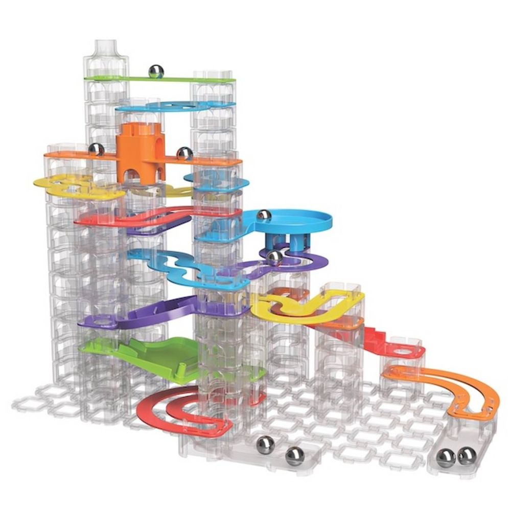 Set Stem de constructie cu traseu pentru bile, Fat Brain Toys, Trestle Tracks Builder, 73 de piese