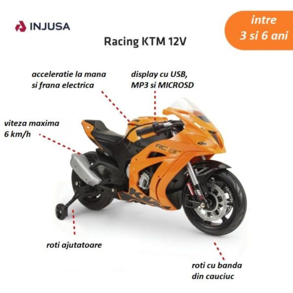 Motocicleta electrica de curse, Injusa, KTM, 12V, cu roti
