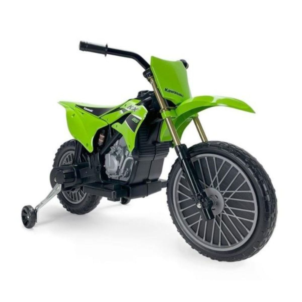 Motocicleta electrica, tip cross, Injusa, cu roti ajutatoare, 12V, Kawasaki KX85, Verde