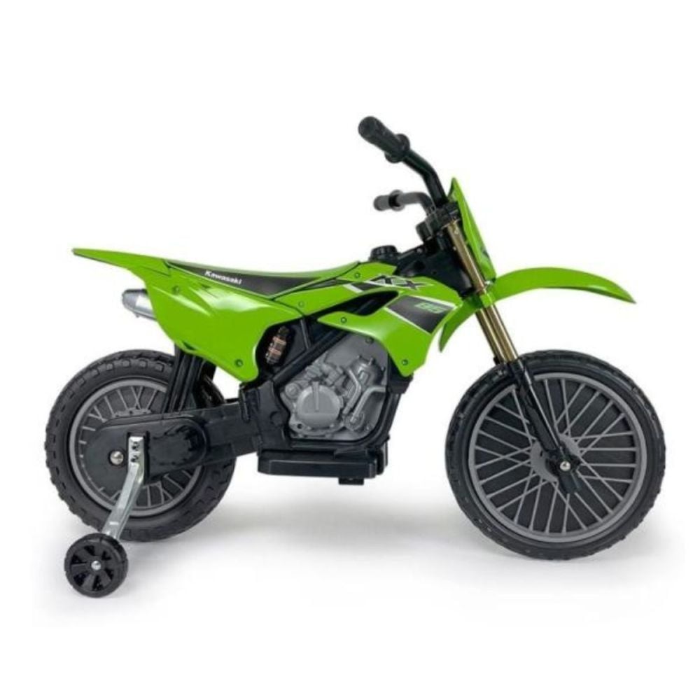Motocicleta electrica, tip cross, Injusa, cu roti ajutatoare, 12V, Kawasaki KX85, Verde