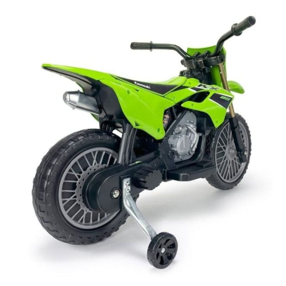 Motocicleta electrica, tip cross, Injusa, cu roti ajutatoare, 12V, Kawasaki KX85, Verde