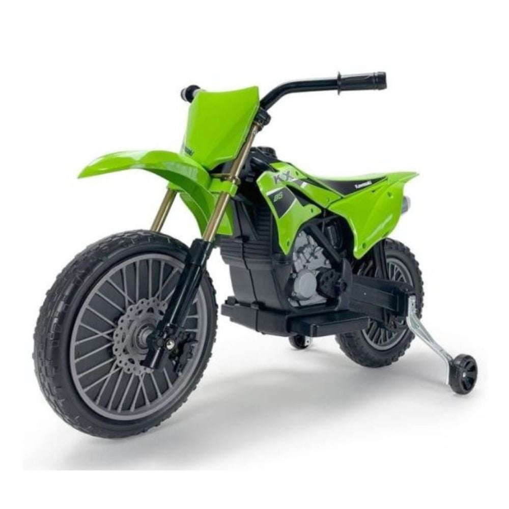 Motocicleta electrica, tip cross, Injusa, cu roti ajutatoare, 12V, Kawasaki KX85, Verde