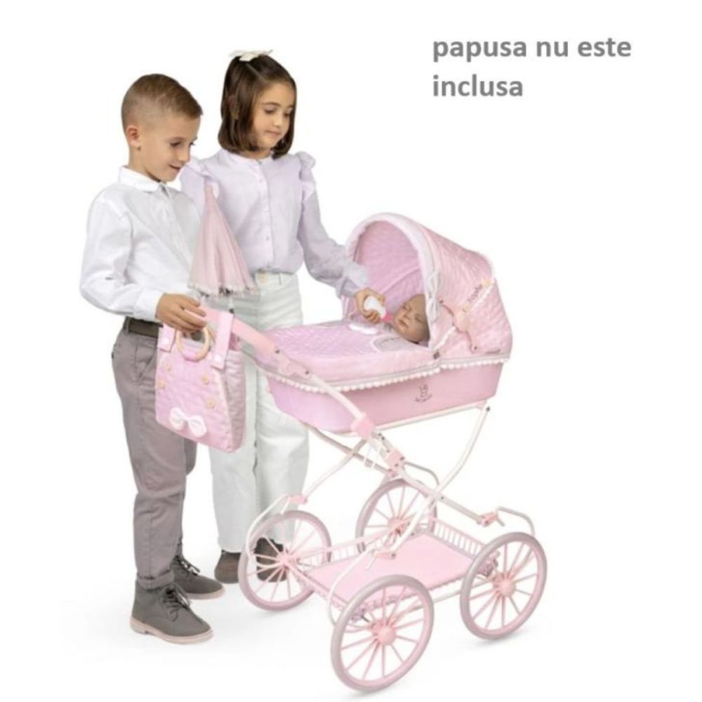 Carucior tip landou pentru papusi, stil vintage, cu accesorii complete si maner reglabil, DeCuevas, Sophie, Roz