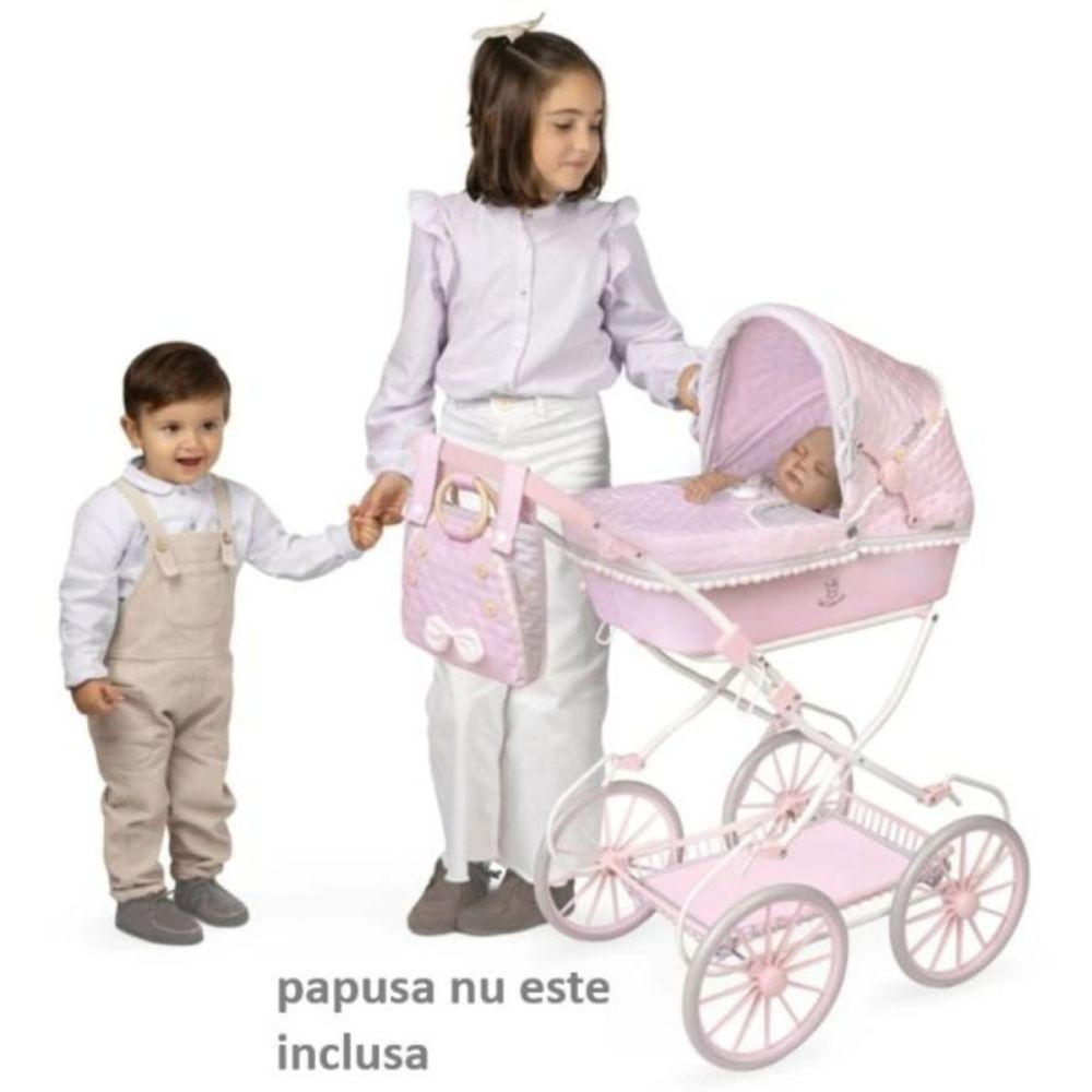 Carucior tip landou pentru papusi, stil vintage, cu accesorii complete si maner reglabil, DeCuevas, Sophie, Roz