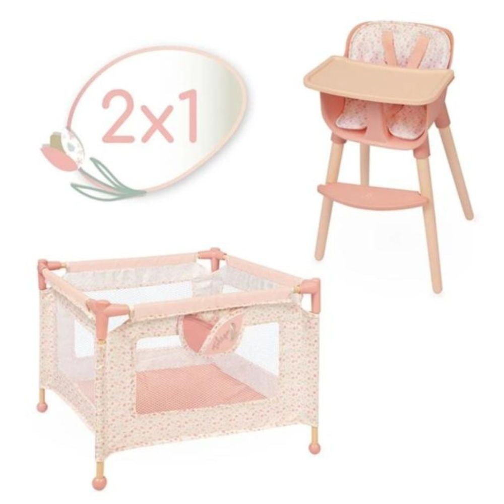 Set 2 in 1 pentru papusi, tarc de joaca si scaun de masa, DeCuevas, lemn si textil, Tulipe, Roz
