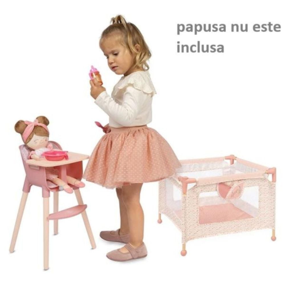 Set 2 in 1 pentru papusi, tarc de joaca si scaun de masa, DeCuevas, lemn si textil, Tulipe, Roz