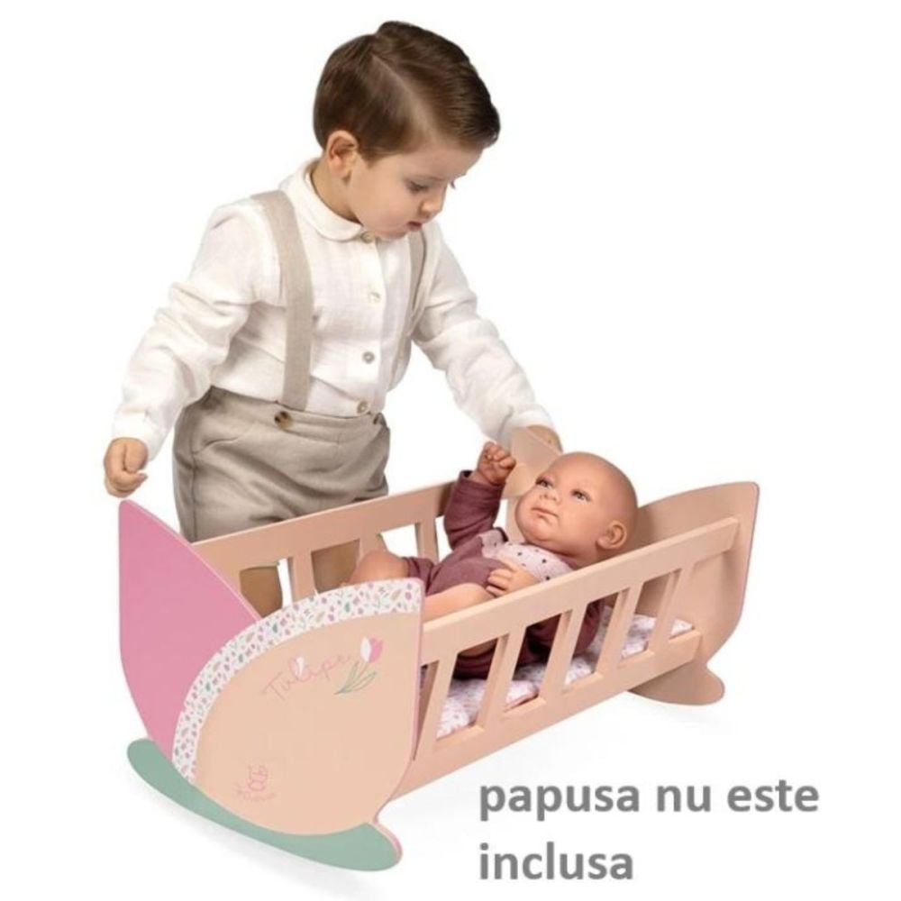 Patut leagan pentru papusi, din lemn, cu saltea reversibila inclusa, DeCuevas, Tulipe, Roz