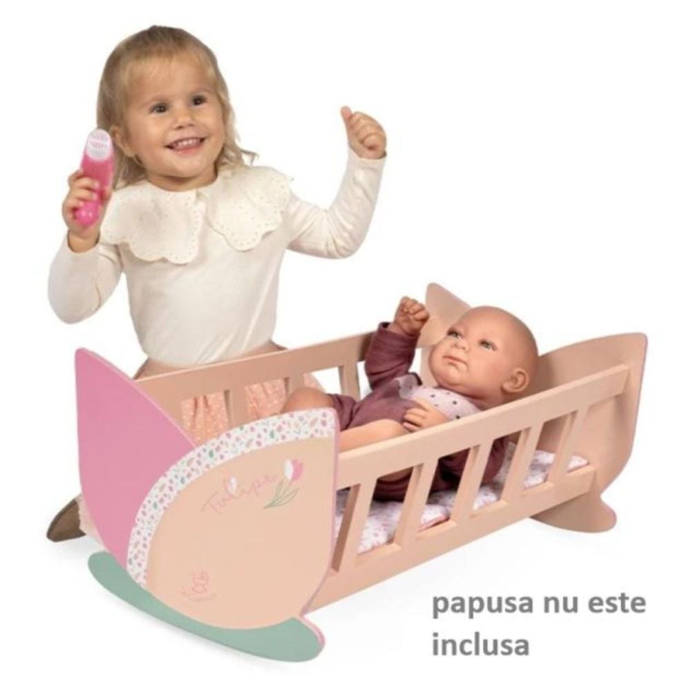 Patut leagan pentru papusi, din lemn, cu saltea reversibila inclusa, DeCuevas, Tulipe, Roz
