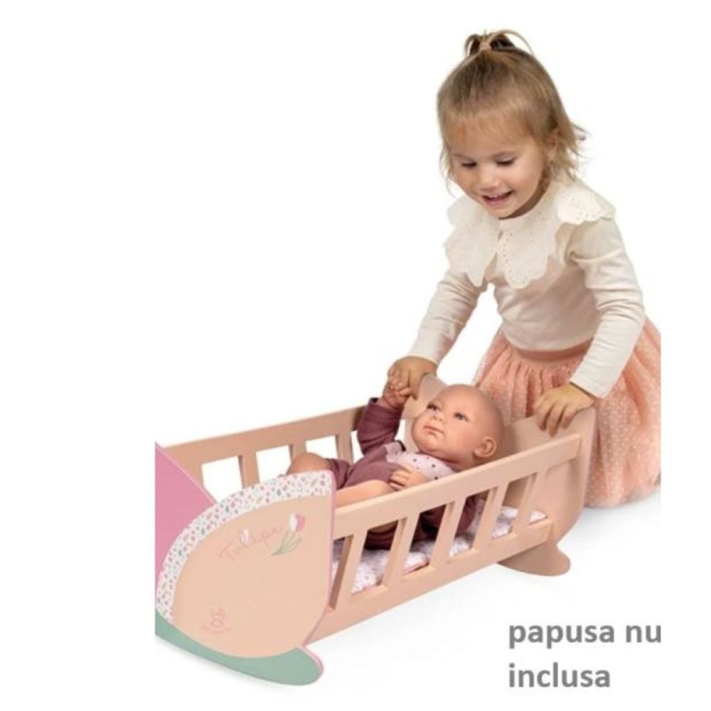 Patut leagan pentru papusi, din lemn, cu saltea reversibila inclusa, DeCuevas, Tulipe, Roz