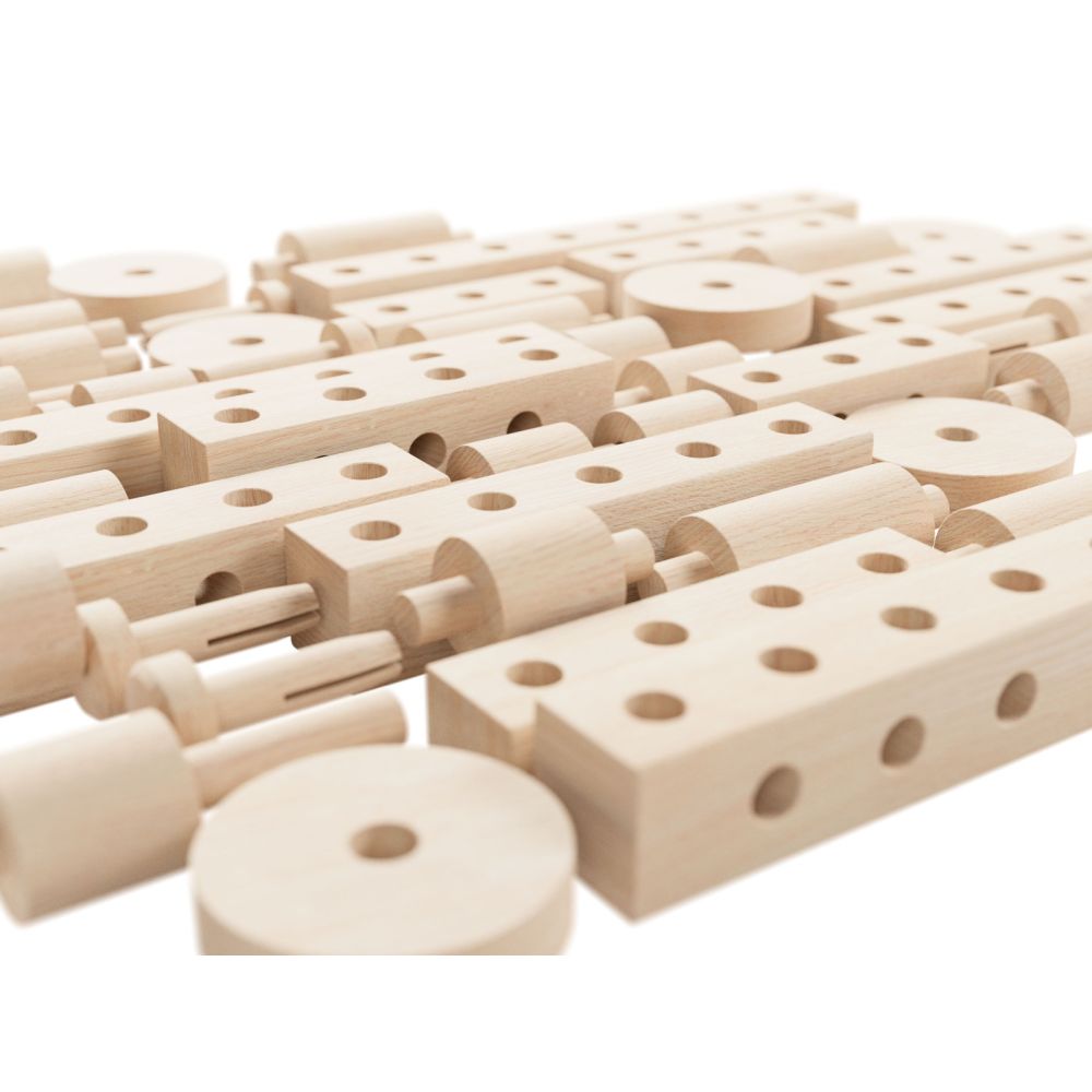 Set Gama Construct Mini, Walachia, Pentru construit masini, animale si alte modele, 44 piese din lemn