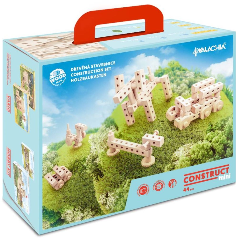 Set Gama Construct Mini, Walachia, Pentru construit masini, animale si alte modele, 44 piese din lemn
