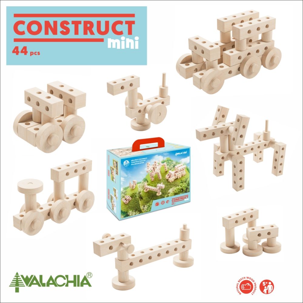 Set Gama Construct Mini, Walachia, Pentru construit masini, animale si alte modele, 44 piese din lemn