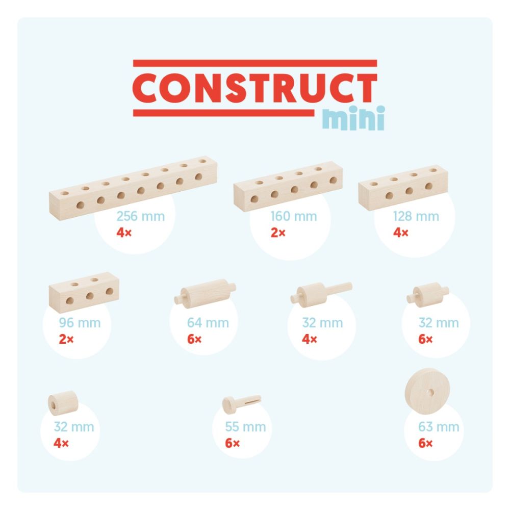 Set Gama Construct Mini, Walachia, Pentru construit masini, animale si alte modele, 44 piese din lemn