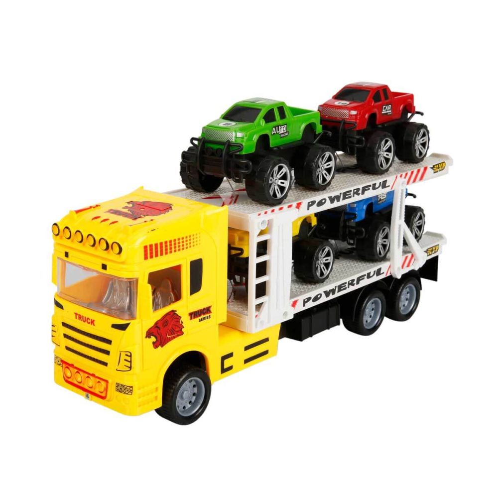 Transportator galben cu 2 niveluri si 4 masini Jeep, Maxx Wheels, 1:32, 32 cm