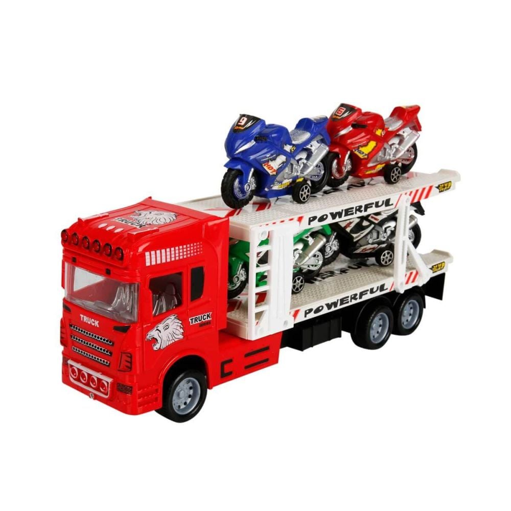 Transportator rosu cu 2 niveluri si 4 motociclete, Maxx Wheels, 1:32, 32 cm