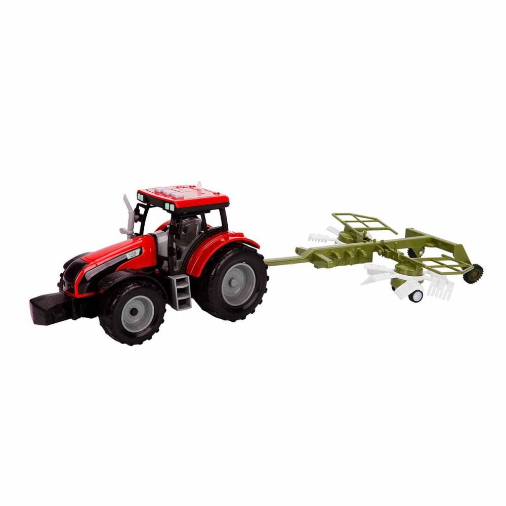 Tractor rosu cu grebla, cu lumini si sunete, Maxx Wheels, 44 cm