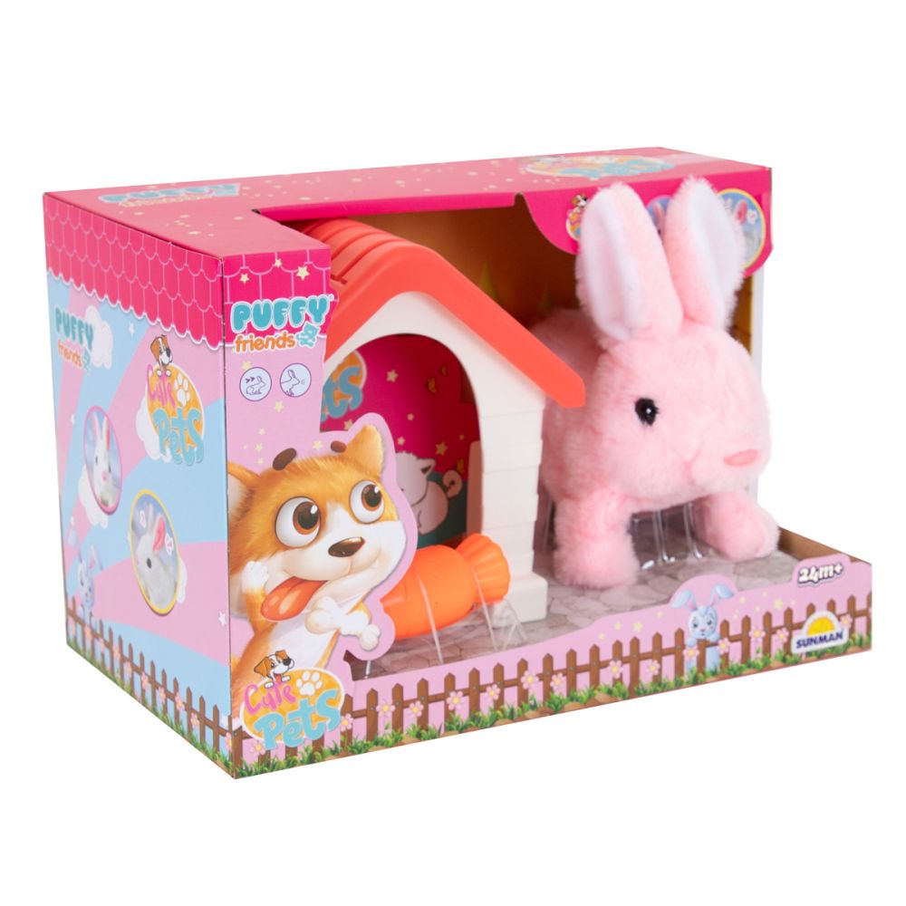 Jucarie de plus interactiva, Puffy Friends, Iepuras cu casuta, Roz
