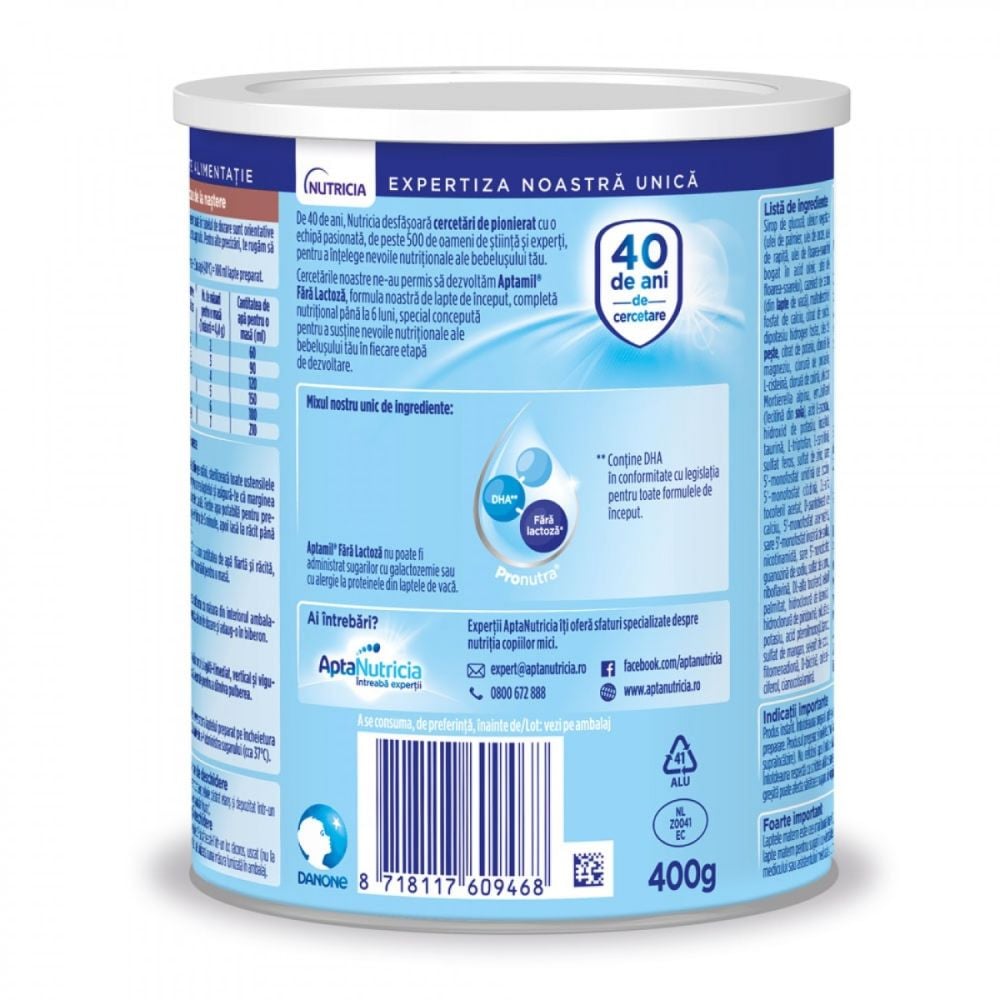 Lapte praf de inceput Aptamil fara lactoza, 400 g