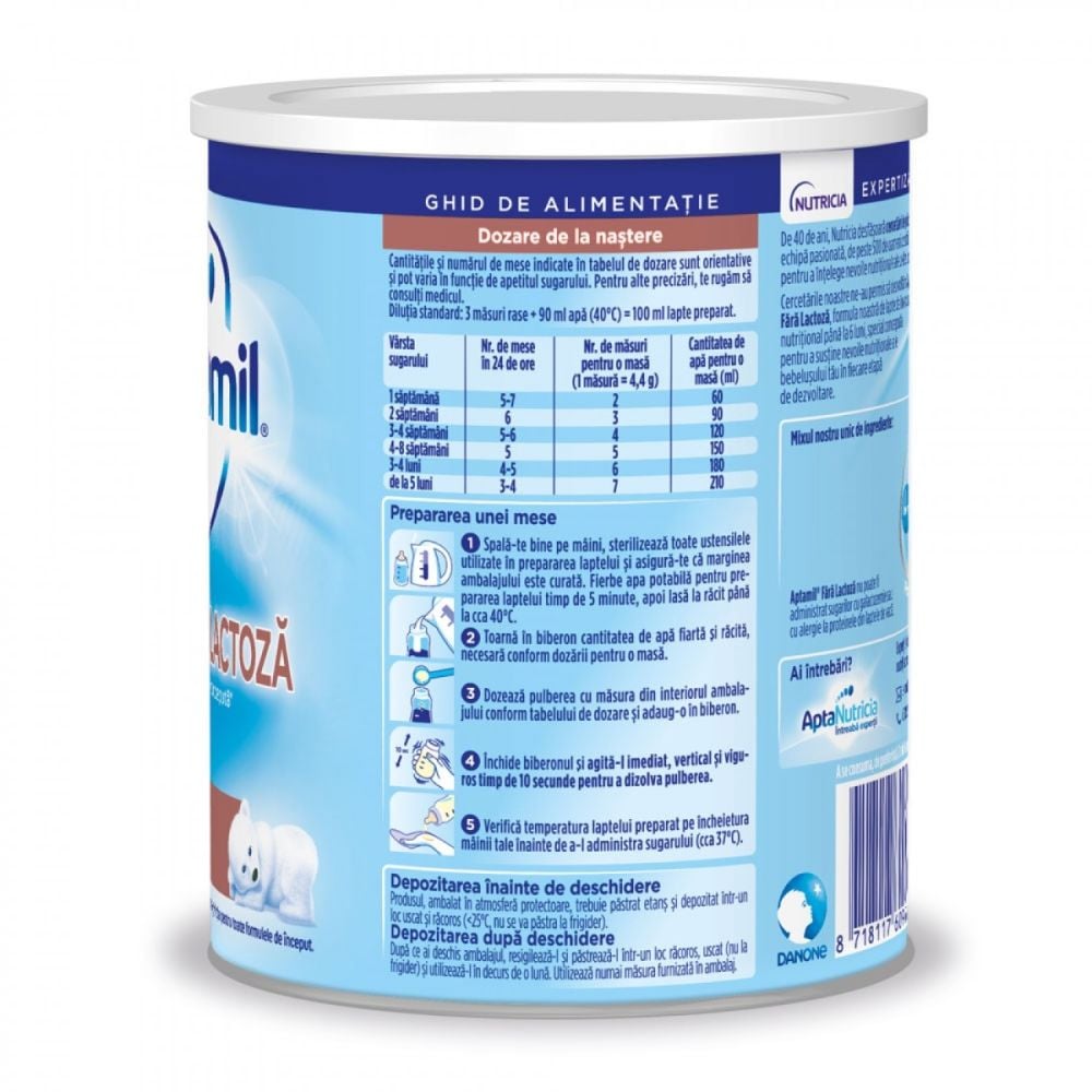 Lapte praf de inceput Aptamil fara lactoza, 400 g