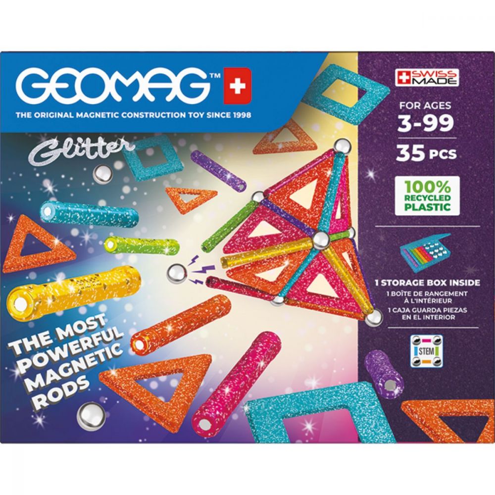 Joc de constructie, Geomag, Magnetic Glitter, 35 Piese, Reciclat