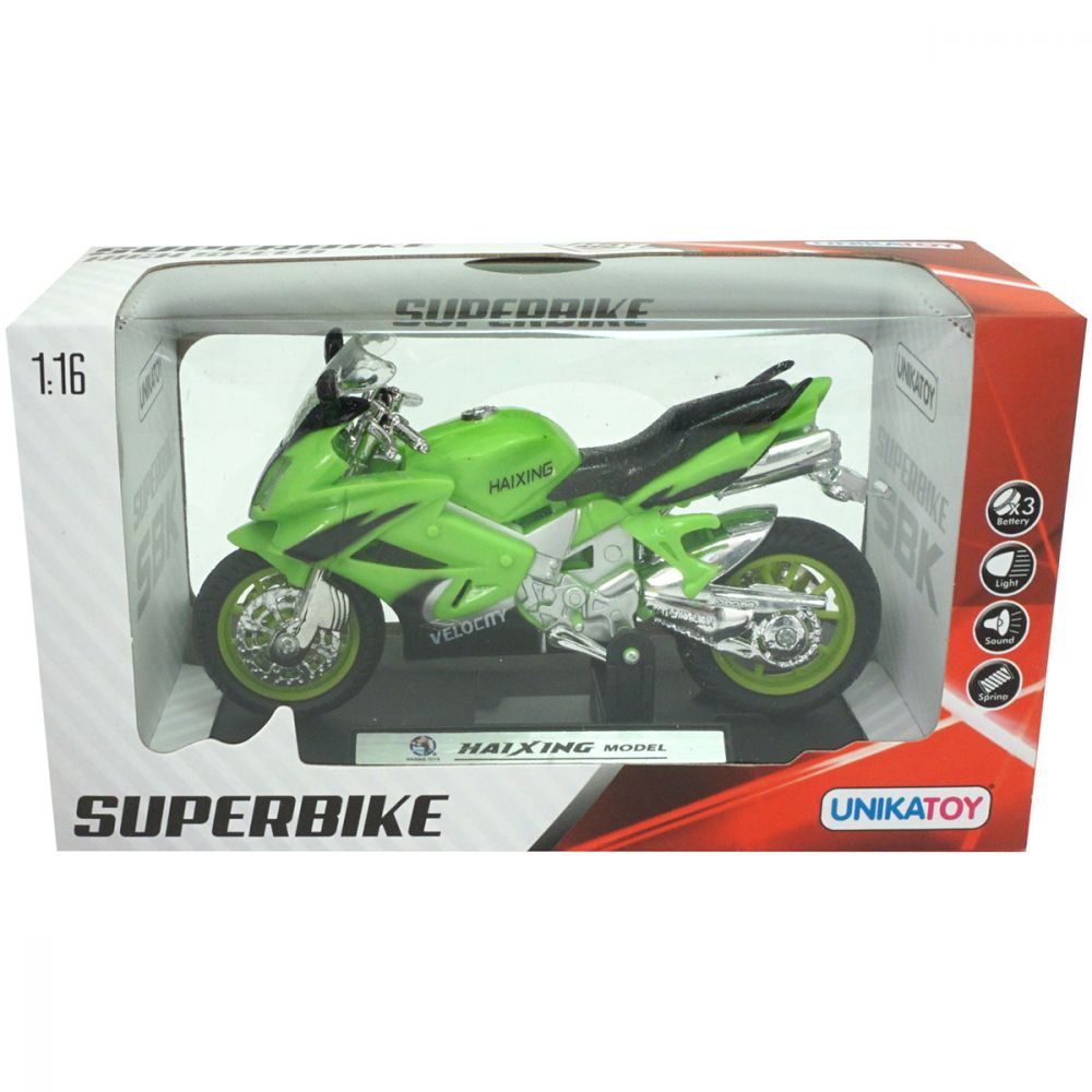 Motocicleta cu lumini si sunete Unika Toy, Verde, 13 cm