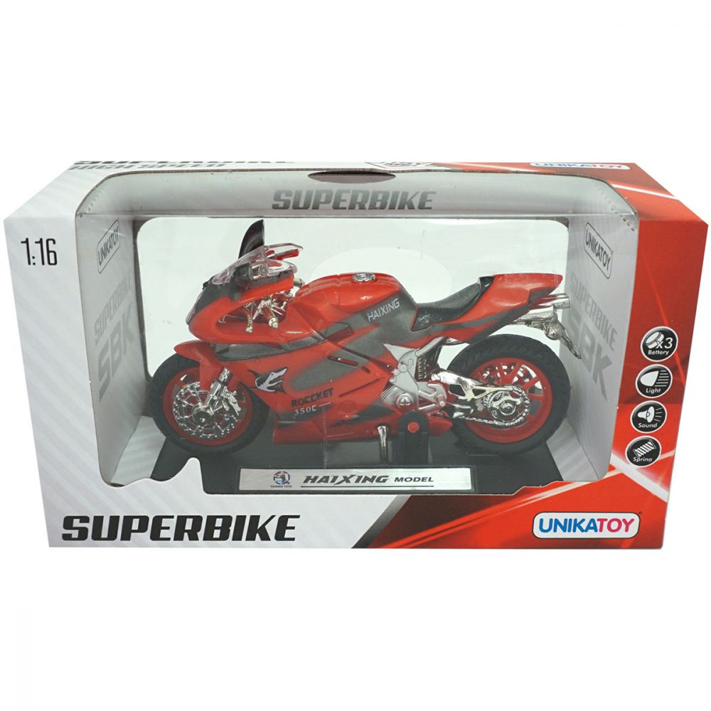 Motocicleta cu lumini si sunete Unika Toy, Rosu, 13 cm