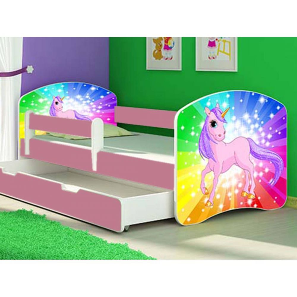 Patut Tineret MyKids Rainbow Unicorn cu Sertar si Saltea 140x70 cm