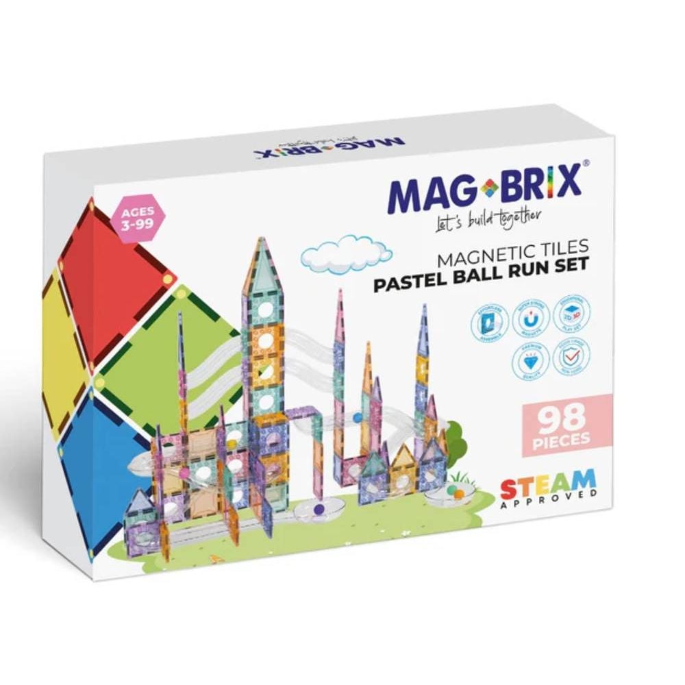 Set magnetic de constructie, Magblox, Circuit cu bile pastel, Magbrix Marble Run, 98 piese