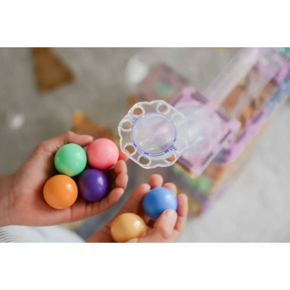 Set magnetic de constructie, Magblox, Circuit cu bile pastel, Magbrix Marble Run, 98 piese