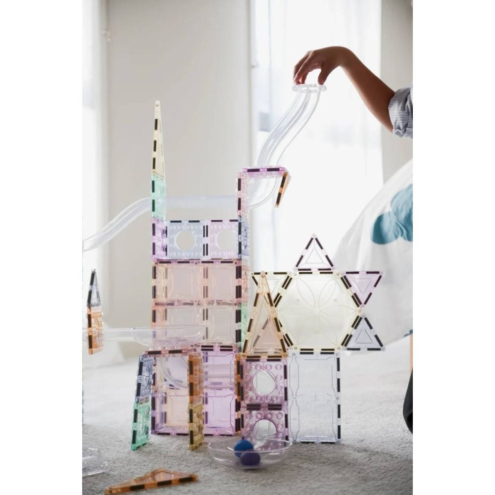 Set magnetic de constructie, Magblox, Circuit cu bile pastel, Magbrix Marble Run, 98 piese