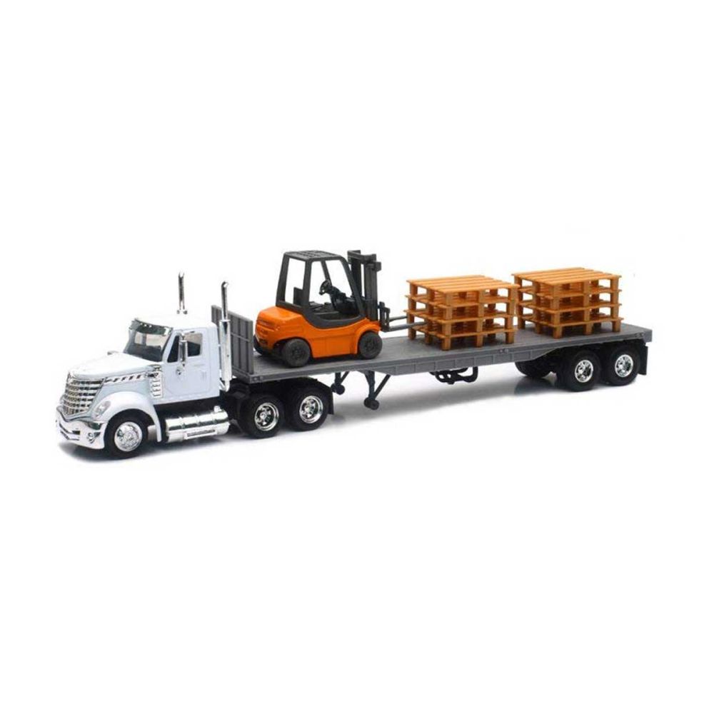 Set camion cu platforma si motostivuitor, New Ray, 1:43, Alb