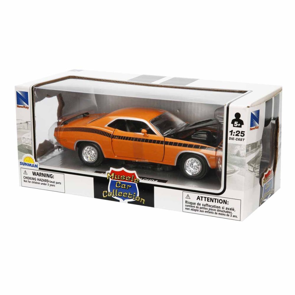 Masina metalica, New Ray, Plymouth Cuda, Portocaliu, 1:25