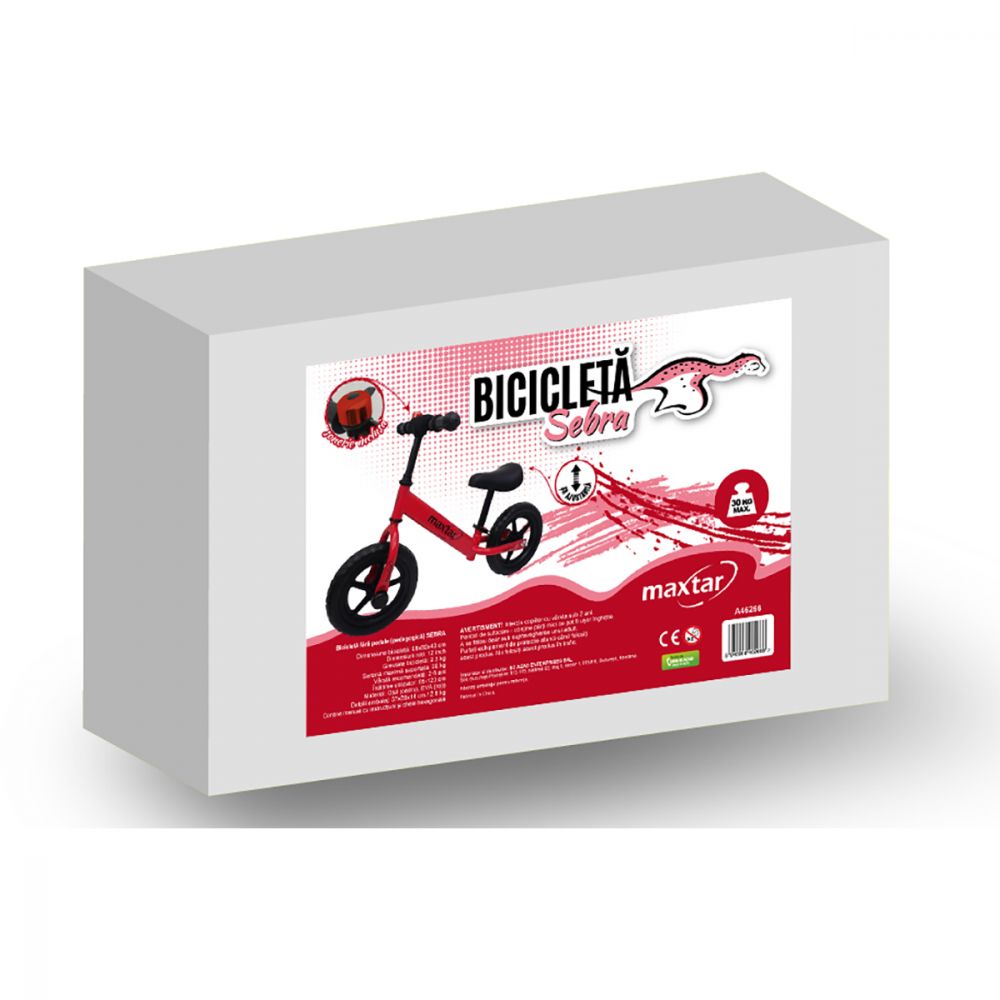Bicicleta fara pedale Maxtar Sebra, Rosu, 12 inch