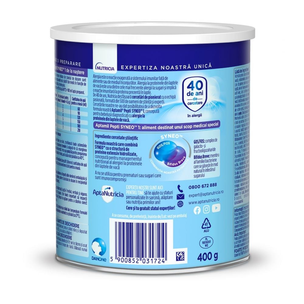 Lapte praf Nutricia Aptamil Pepti 1 Syneo, 400 g, 0 luni+