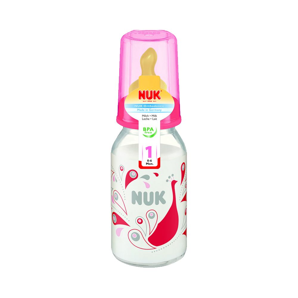 Biberon sticla NUK, 0 luni +, tetina latex, 125ml, Pink