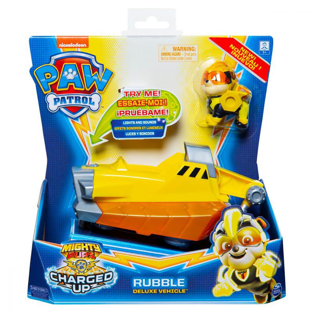 Figurina cu vehicul Paw Patrol Deluxe Vehicle Mighty Pups, Rubble 20121274