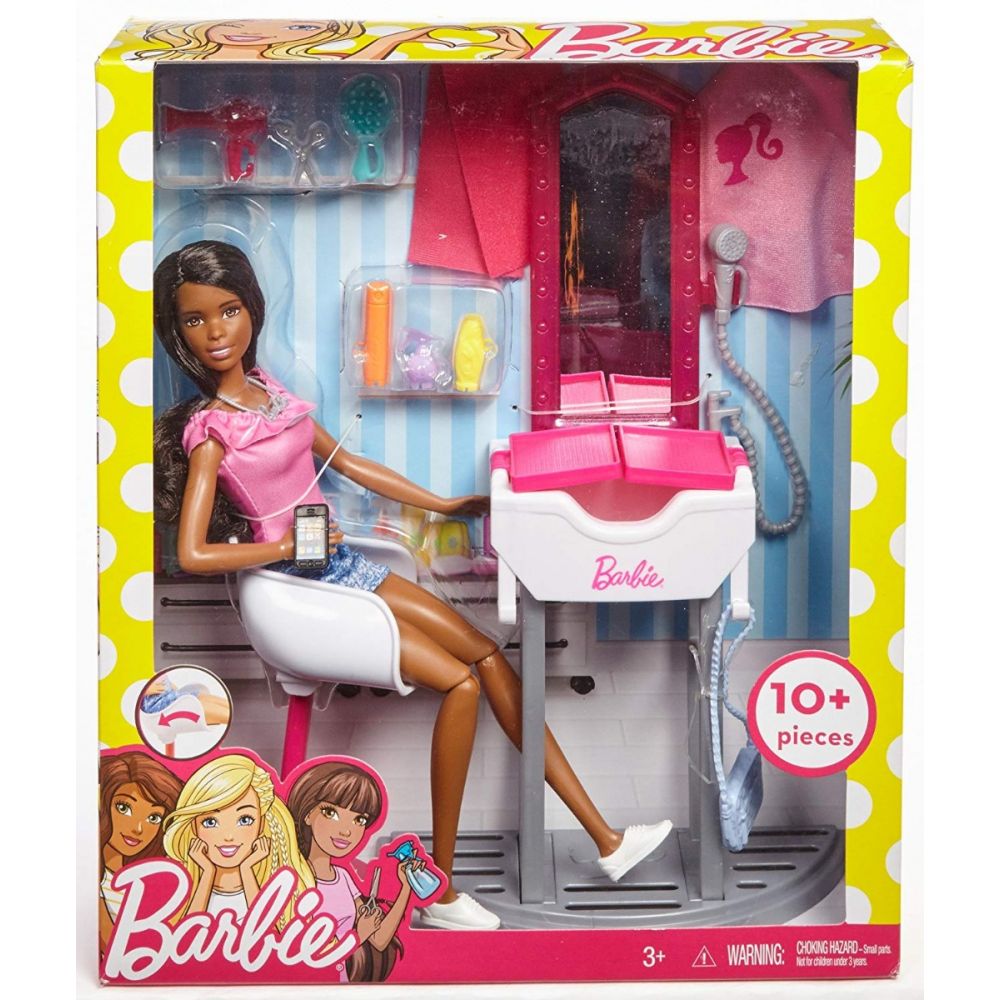 Set papusa Barbie bruneta si accesorii pentru coafor, FJB37