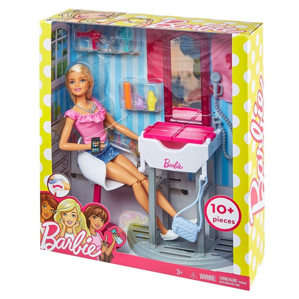Set papusa Barbie si accesorii pentru coafor, FJB36