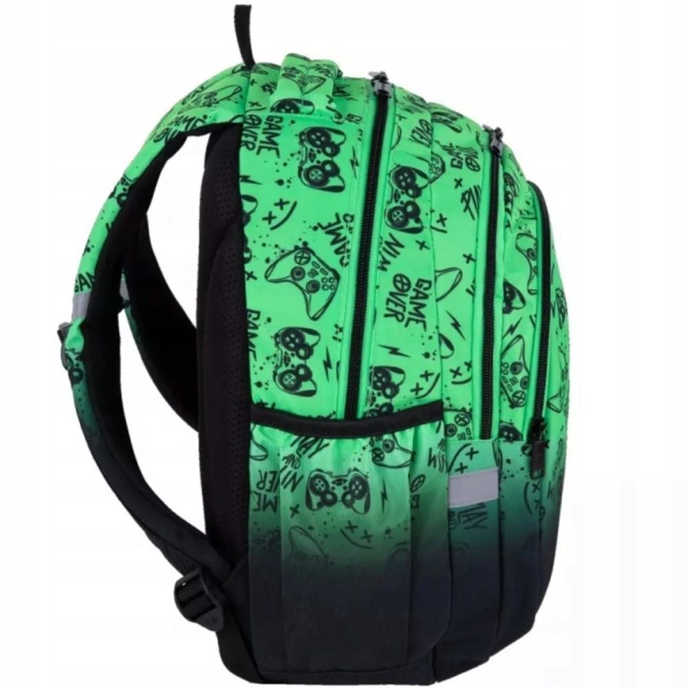 Ghiozdan cu 3 compartimente, Coolpack, Jerry, Game Over, Verde