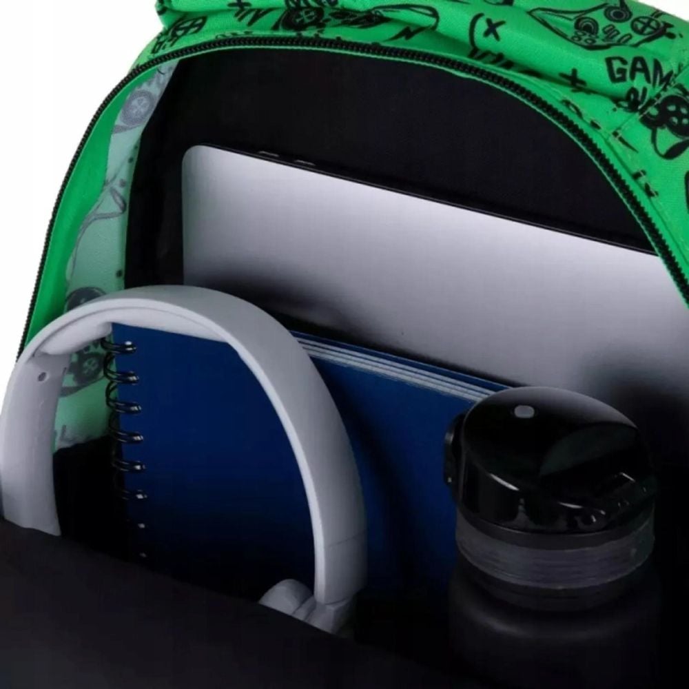 Ghiozdan cu 3 compartimente, Coolpack, Jerry, Game Over, Verde