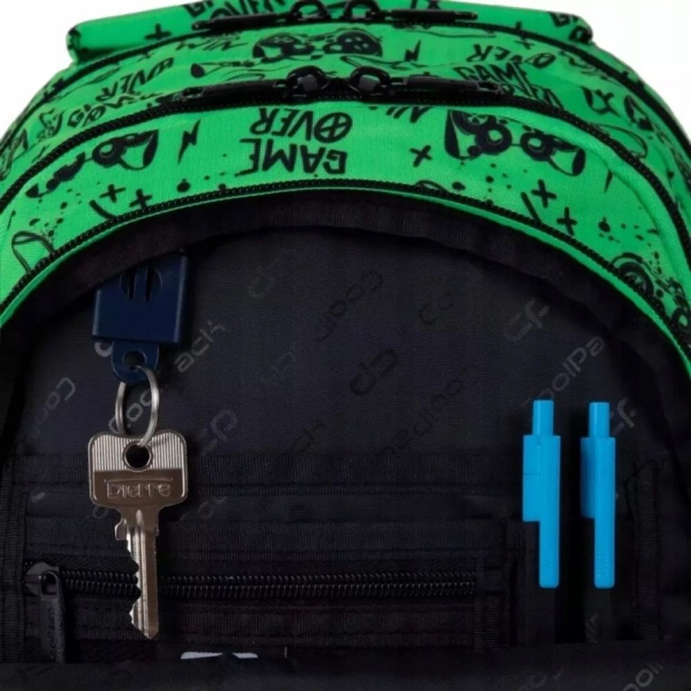 Ghiozdan cu 3 compartimente, Coolpack, Jerry, Game Over, Verde