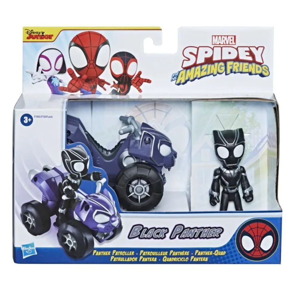 Figurina cu vehicul, Spidey and his Amazing Friends, Black Panther si Panther Patroller, F1943
