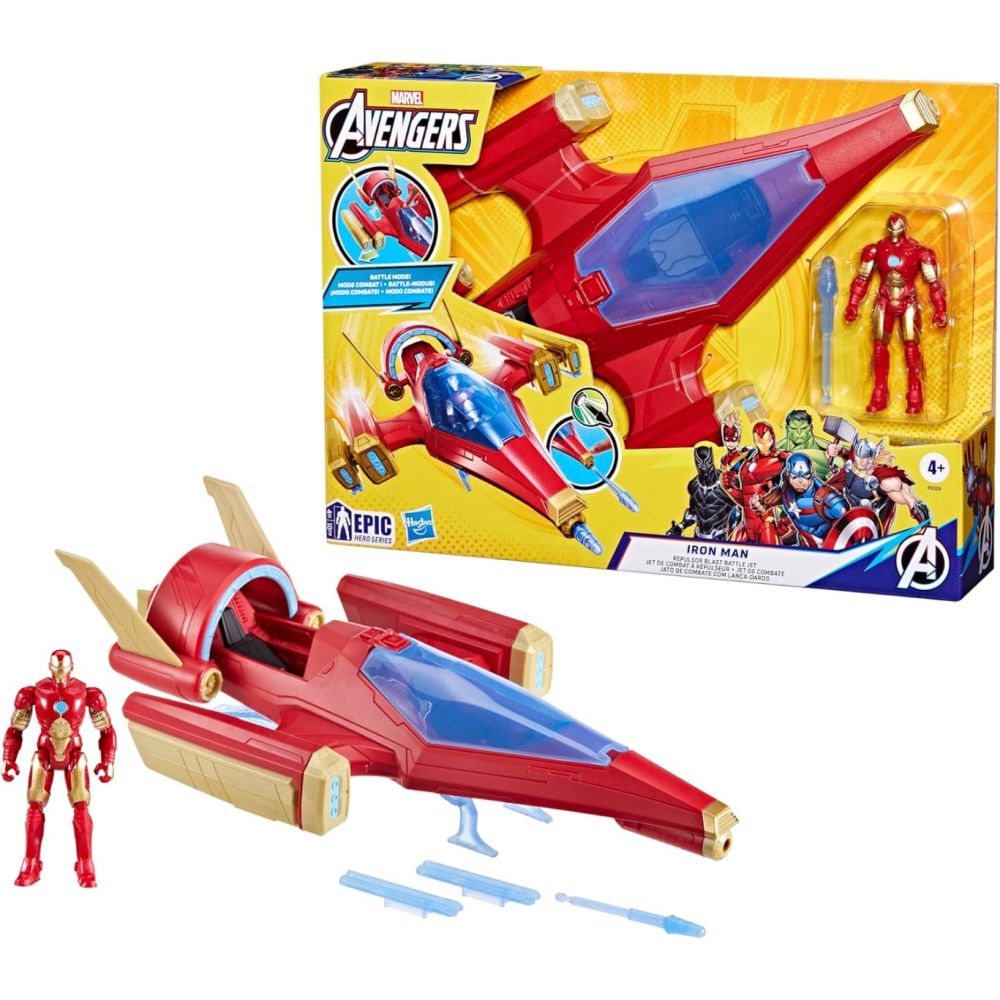 Figurina cu avion de lupta, Avengers, Iron Man, Repulsor Blast Battle Jet, 10 cm, F9329